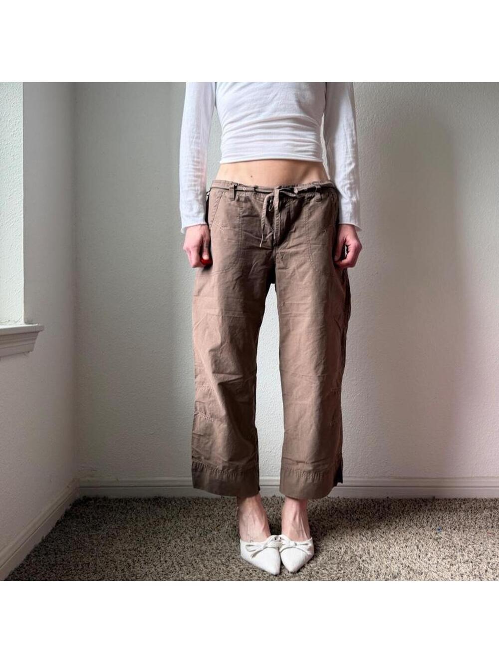 Vintage y2k low rise wide leg flare tan crippled cargo capris